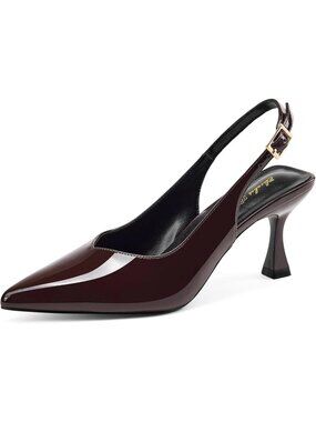 Women's Brown Kitten Heel Slingback Low Pumps 3 Inche Stiletto Pointed Toe Shoes